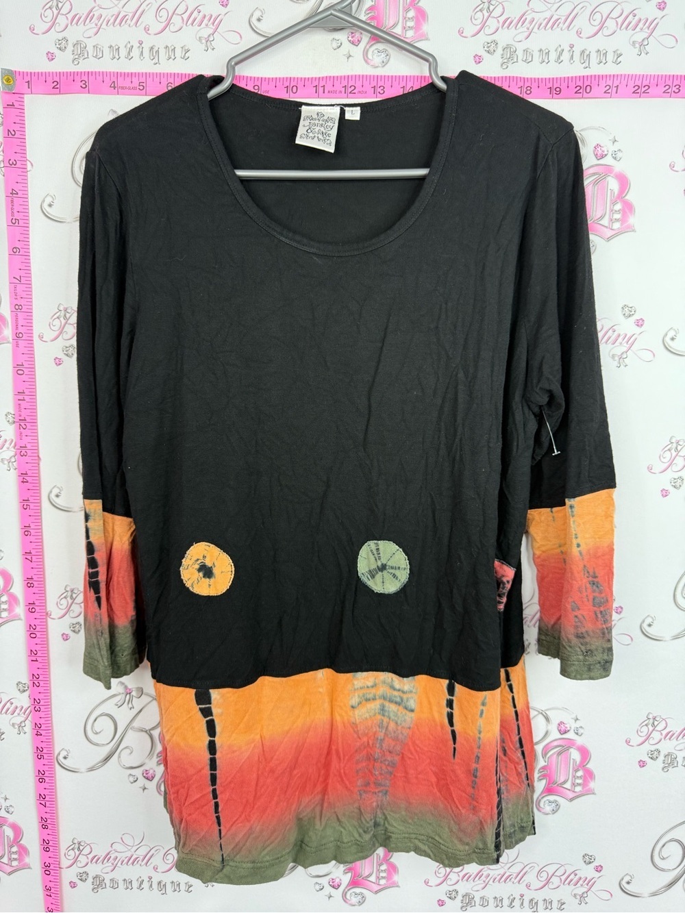Parsley & Sage Black Long Sleeve Scoop Neck Top with Orange & Green Tie-Dye